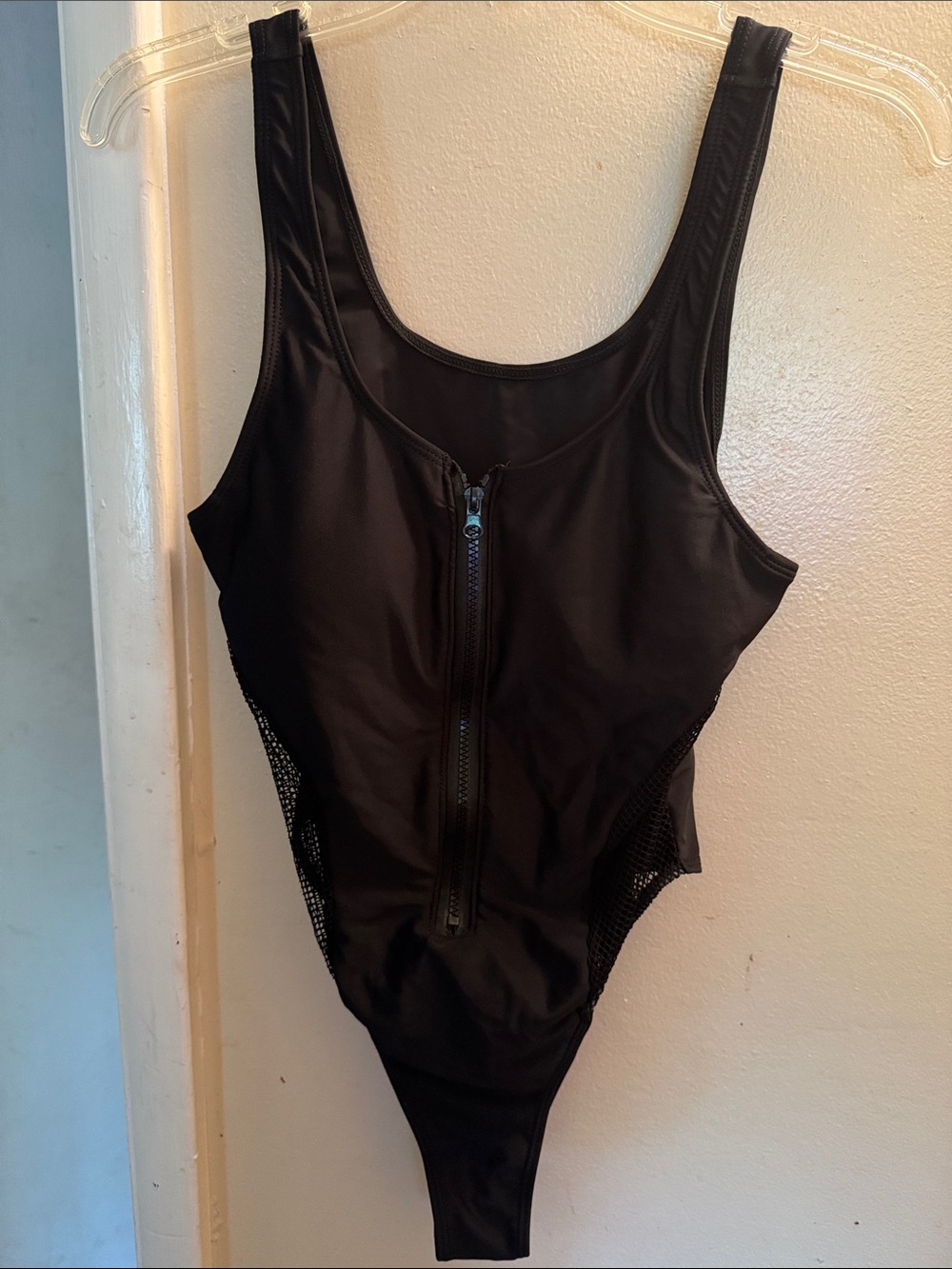 Zip-Front Black One-Piece Swimsuit with Mesh Sides